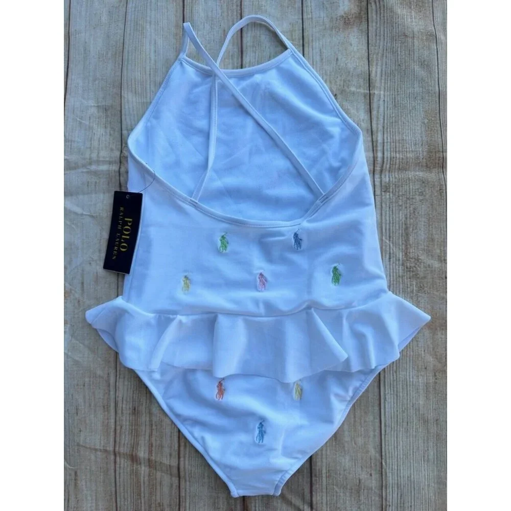 NWT Polo Ralph Lauren Girls Multi Color ALL OVER Polo Pony Embroidered SWIMSUIT - Picture 3 of 9